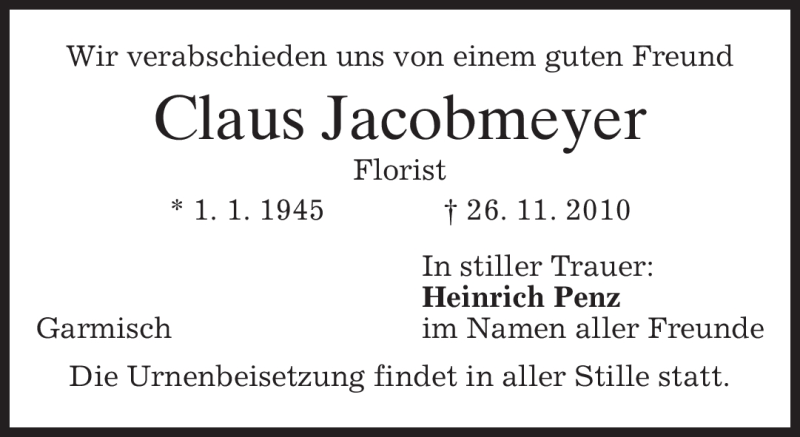  Traueranzeige für Claus Jacobmeyer vom 27.11.2010 aus MERKUR & TZ