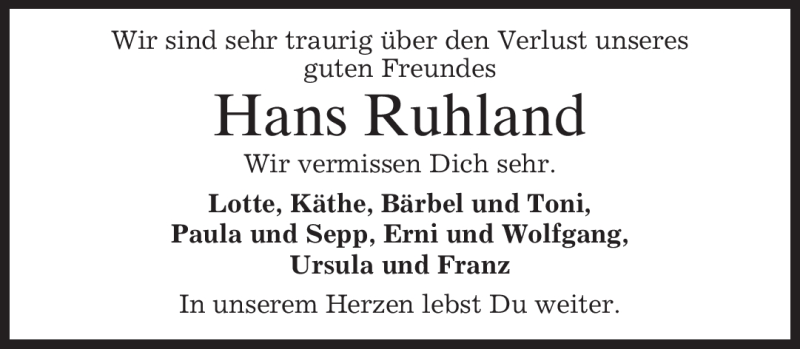  Traueranzeige für Hans Ruhland vom 04.05.2012 aus MERKUR & TZ