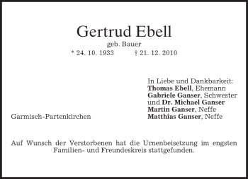 Traueranzeige von Gertrud Ebell von MERKUR & TZ