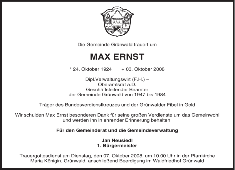  Traueranzeige für Max Ernst vom 07.10.2008 aus MERKUR & TZ