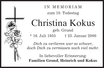 Traueranzeige von Christina Kokus von MERKUR & TZ