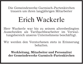 Traueranzeige von Erich Wackerle von MERKUR & TZ