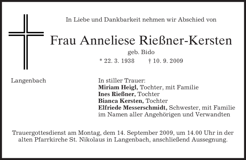  Traueranzeige für Anneliese Rießner-Kersten vom 12.09.2009 aus MERKUR & TZ