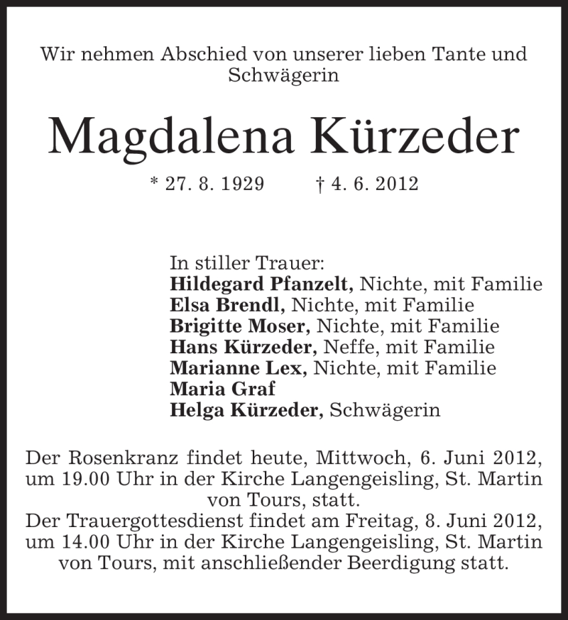  Traueranzeige für Magdalena Kürzeder vom 06.06.2012 aus MERKUR & TZ