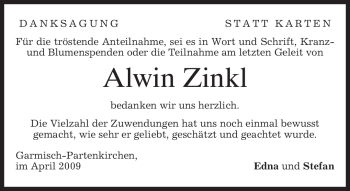 Traueranzeige von Alwin Zinkl von MERKUR & TZ