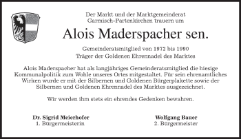 Traueranzeige von Alois  Maderspacher von merkurtz