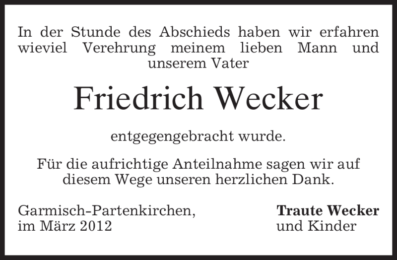  Traueranzeige für Friedrich Wecker vom 24.03.2012 aus MERKUR & TZ