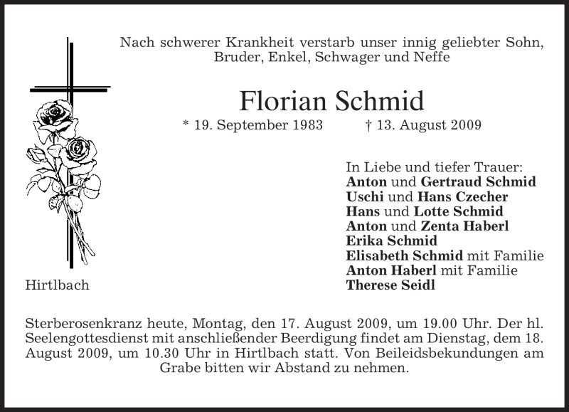  Traueranzeige für Florian Schmid vom 17.08.2009 aus MERKUR & TZ