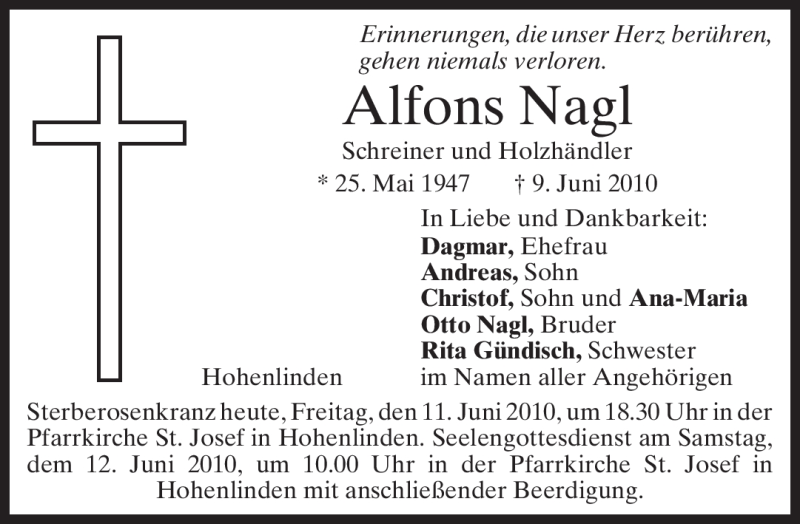  Traueranzeige für Alfons Nagl vom 11.06.2010 aus MERKUR & TZ