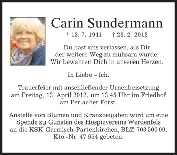 Traueranzeige von Carin Sundermann von MERKUR & TZ