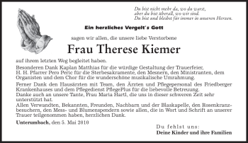 Traueranzeige von Therese Kiemer von MERKUR & TZ