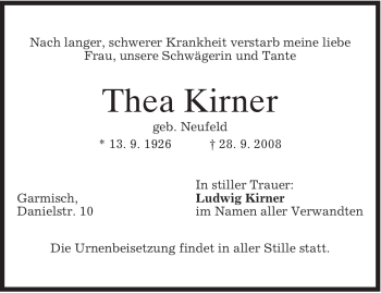 Traueranzeige von Thea Kirner von MERKUR & TZ