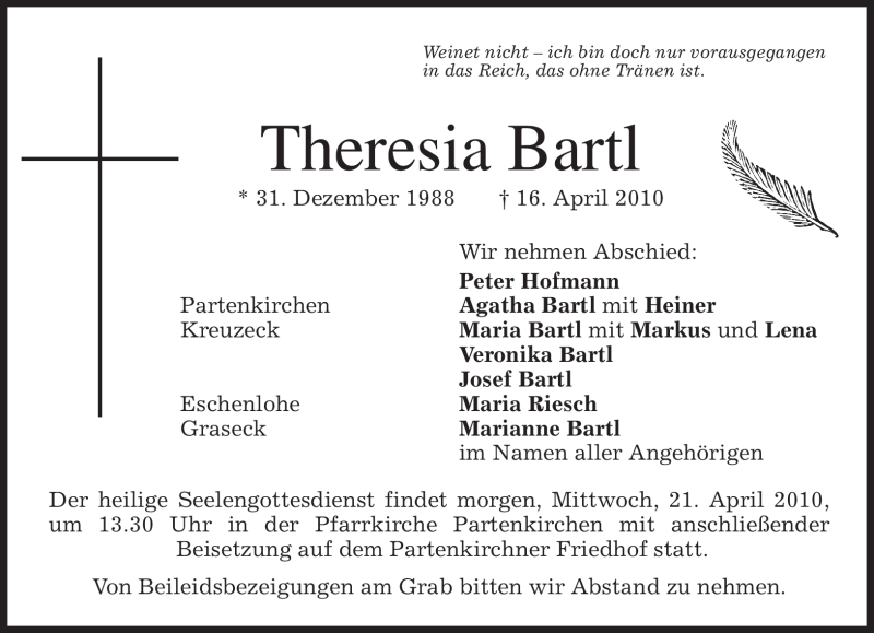  Traueranzeige für Theresia Bartl vom 20.04.2010 aus MERKUR & TZ