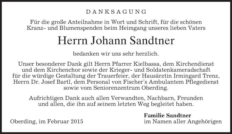  Traueranzeige für Johann Sandtner vom 20.02.2015 aus merkurtz
