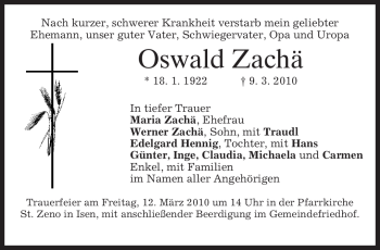 Traueranzeige von Oswald Zachä von MERKUR & TZ