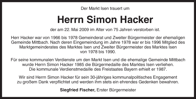  Traueranzeige für Simon Hacker vom 26.05.2009 aus MERKUR & TZ