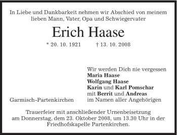 Traueranzeige von Erich Haase von MERKUR & TZ