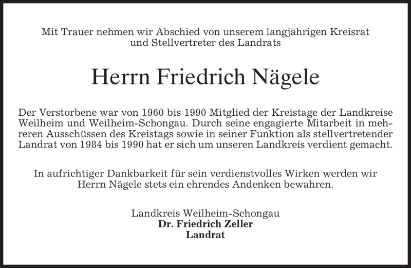  Traueranzeige für Friedrich Nägele vom 14.12.2011 aus MERKUR & TZ
