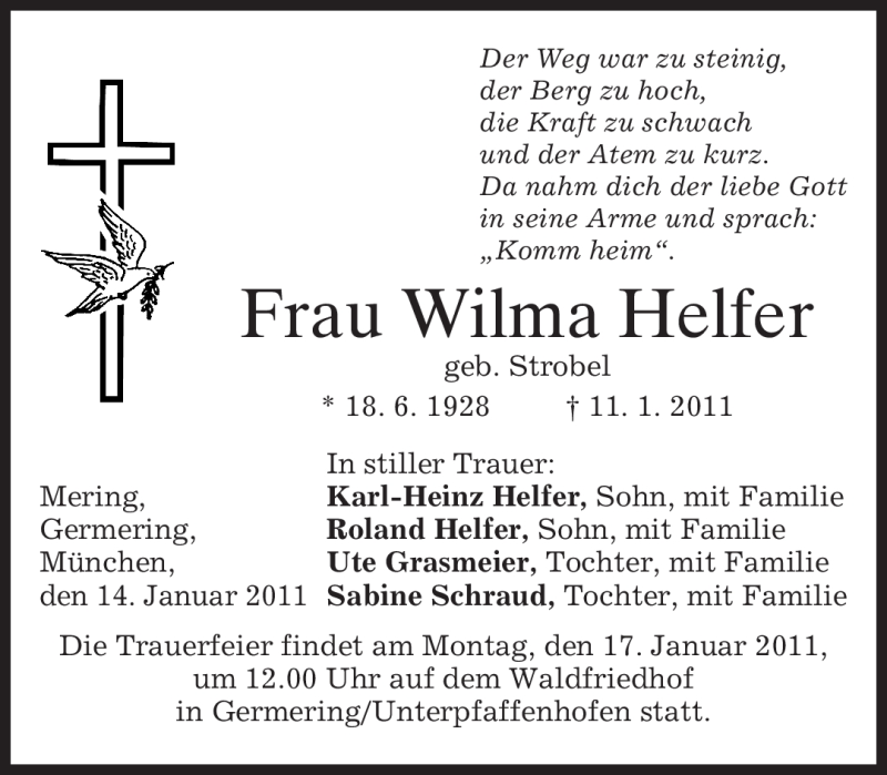  Traueranzeige für Wilma Helfer vom 14.01.2011 aus MERKUR & TZ
