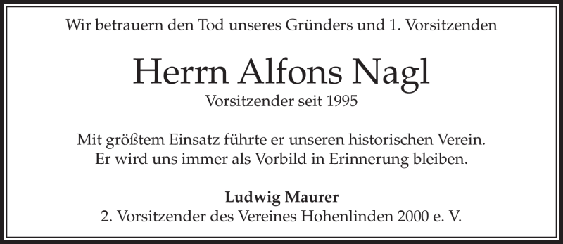  Traueranzeige für Alfons Nagl vom 11.06.2010 aus MERKUR & TZ
