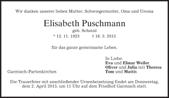 Traueranzeige von Elisabeth Puschmann von merkurtz