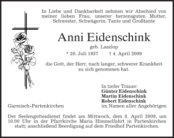 Traueranzeige von Anni Eidenschink von MERKUR & TZ