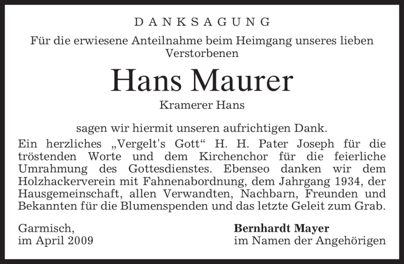  Traueranzeige für Hans Maurer vom 25.04.2009 aus MERKUR & TZ