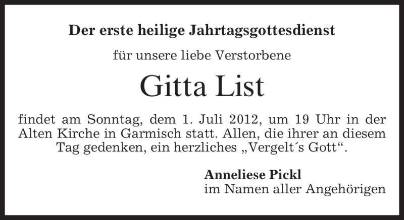  Traueranzeige für Gitta List vom 30.06.2012 aus MERKUR & TZ