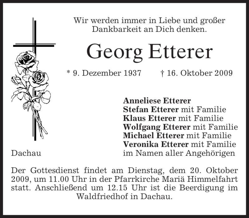  Traueranzeige für Georg Etterer vom 19.10.2009 aus MERKUR & TZ