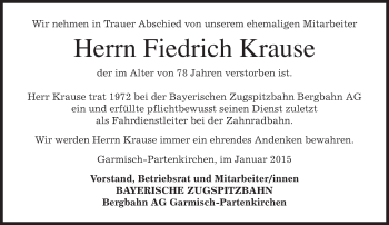 Traueranzeige von Fiedrich Krause von merkurtz