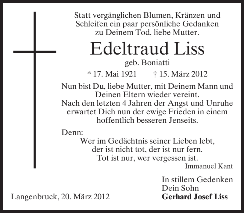  Traueranzeige für Edeltraud Liss vom 20.03.2012 aus MERKUR & TZ