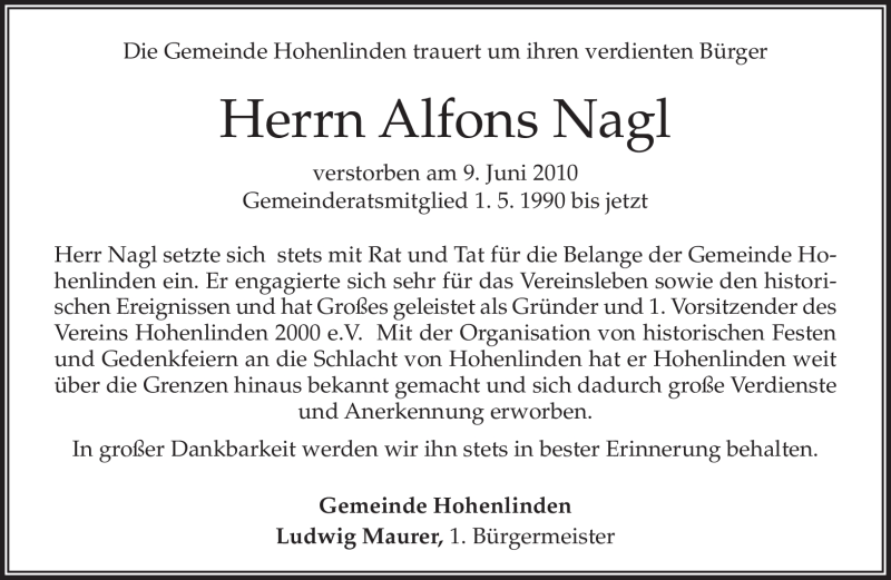  Traueranzeige für Alfons Nagl vom 11.06.2010 aus MERKUR & TZ