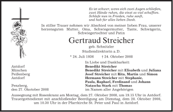 Traueranzeige von Gertraud Streicher von MERKUR & TZ