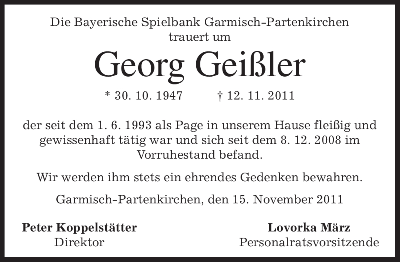  Traueranzeige für Georg Geißler vom 16.11.2011 aus MERKUR & TZ
