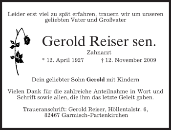 Traueranzeige von Gerold Reiser von MERKUR & TZ