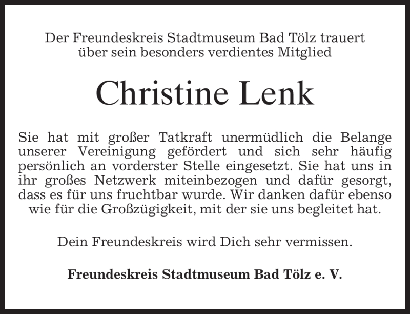  Traueranzeige für Christine Lenk vom 18.05.2010 aus MERKUR & TZ