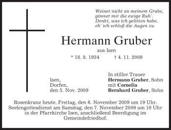 Traueranzeige von Hermann Gruber von MERKUR & TZ