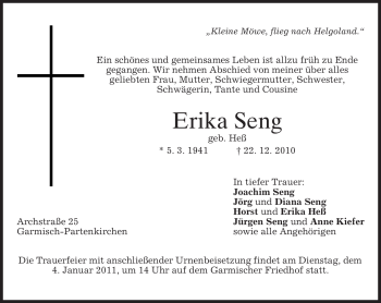 Traueranzeige von Erika Seng von MERKUR & TZ