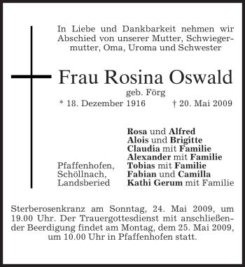 Traueranzeige von Rosina Oswald von MERKUR & TZ