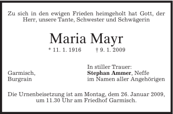 Traueranzeige von Maria Mayr von MERKUR & TZ