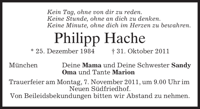  Traueranzeige für Philipp Hache vom 05.11.2011 aus MERKUR & TZ