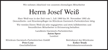Traueranzeige von Josef Weiß von merkurtz