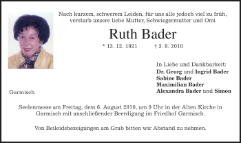 Traueranzeige von Ruth Bader von MERKUR & TZ