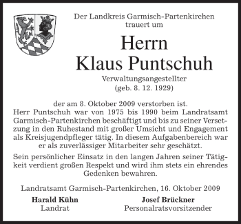Traueranzeige von Klaus Puntschuh von MERKUR & TZ