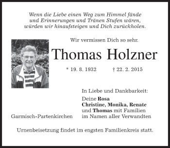Traueranzeige von Thomas Holzner von merkurtz