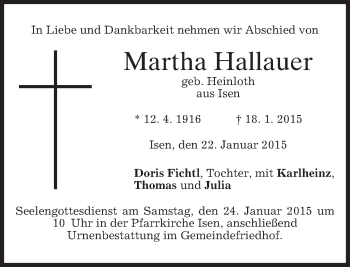 Traueranzeige von Martha Hallauer von merkurtz