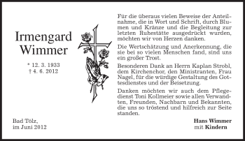 Traueranzeige von Irmengard Wimmer von MERKUR & TZ
