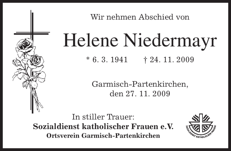  Traueranzeige für Helene Niedermayr vom 27.11.2009 aus MERKUR & TZ