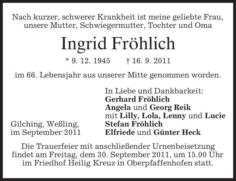 Traueranzeigen Von Ingrid Frohlich Trauer Merkur De