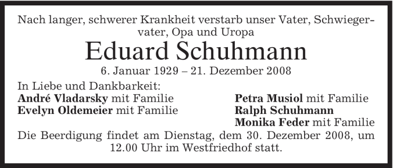  Traueranzeige für Eduard Schuhmann vom 27.12.2008 aus MERKUR & TZ